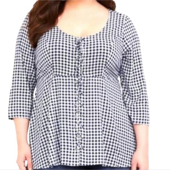 Torrid challis blue & white plaid lace up‎ babydoll peplum blouse plus size 4 4X - Picture 1 of 8